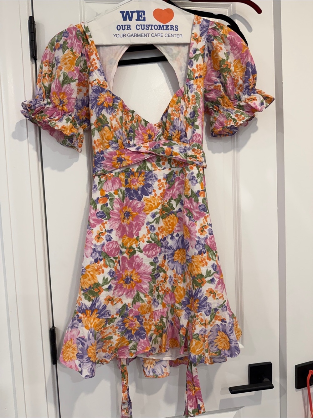 Hello Molly Floral V-Neck Puff Sleeve Mini Dress - Pink, Yellow & Purple